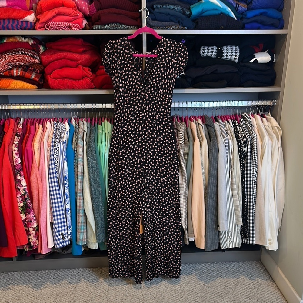 Free People black/pink roses elastic cap sleeve v neck jumpsuit size 4